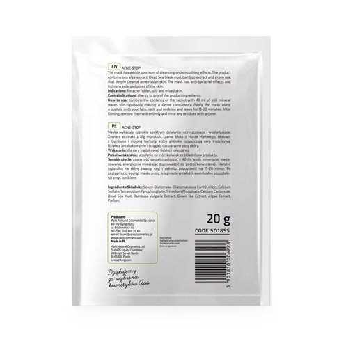 Apis ACNE-STOP Algae Mask for Acne-Prone Skin with Bamboo, Green Tea, and Dead Sea Black Mud | 20g