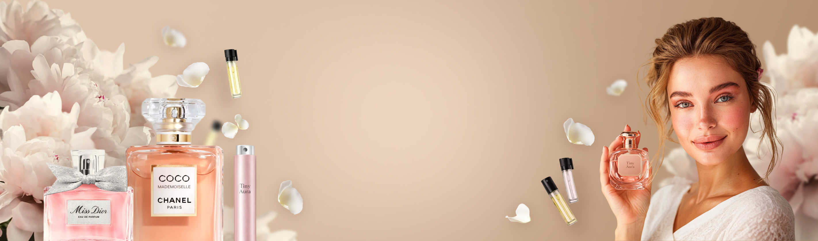 Chanel perfume bottles with a model holding a perfume bottle against a floral background