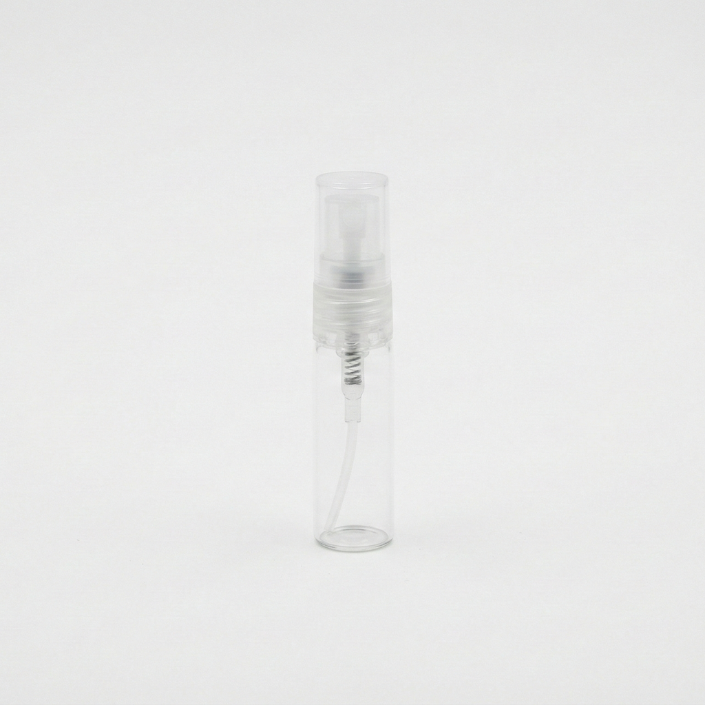 Clear glass bottle with a white cap on a white background