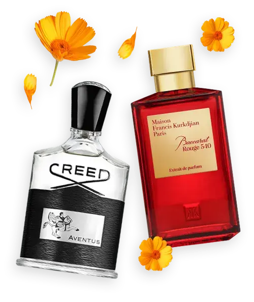 Two perfume bottles, one black and one red, with flowers around them on a white background.